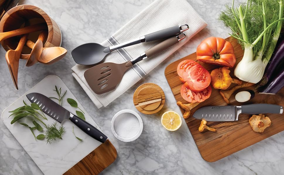 Anolon Tools Set/Nonstick Nylon Cooking Utensils/Kitchen Gadgets Includes Spoons, Turners, Ladle, Meat Fork, Whisk, and Locking Tongs, 10 Piece, Bronze