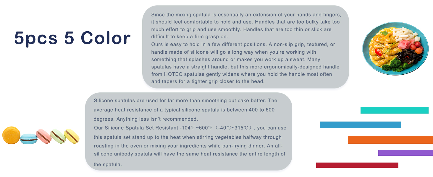 HOTEC Heat Resistant 600℉ Food Grade Silicone Rubber Spatula Set for Baking, Cooking, and Mixing Non Stick Dishwasher Safe BPA-Free Multicolor Set of 5