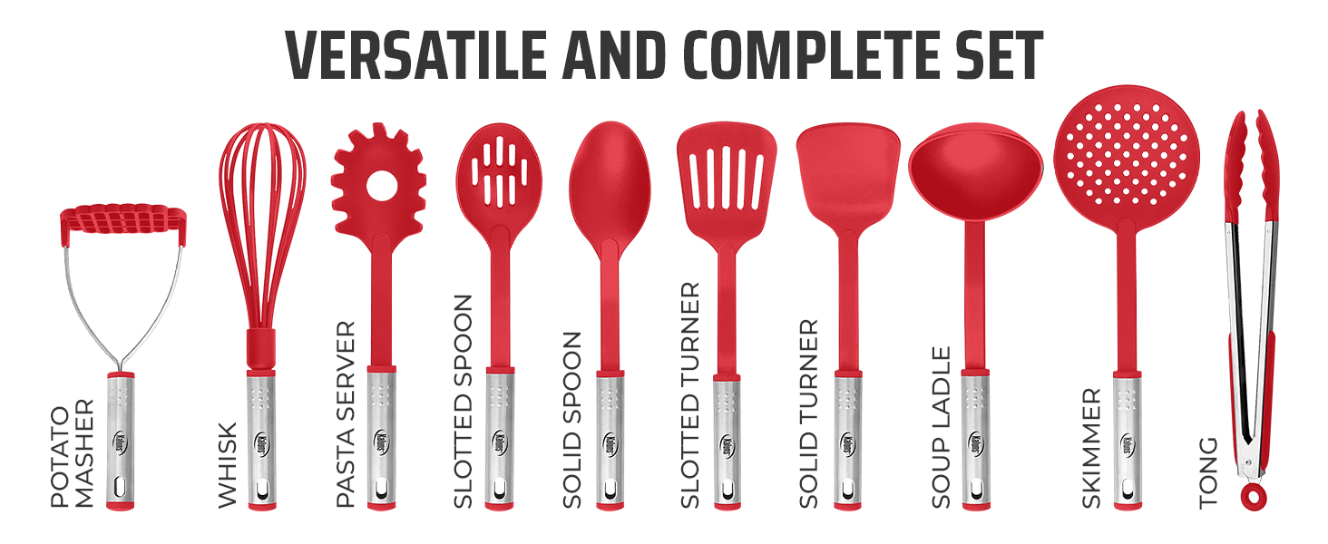 Kitchen Utensils Set, 10 Nylon Stainless Steel Cooking Utensils, Non Stick and Heat Resistant Cookware set New Chef's Gadget Tools Collection