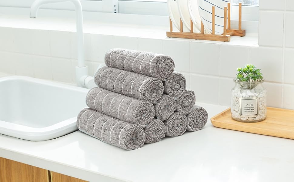 Microfiber Dish Towels - Soft, Super Absorbent and Lint Free Kitchen Towels - 8 Pack (Lattice Designed Gray Colors) - 26 x 18 Inch