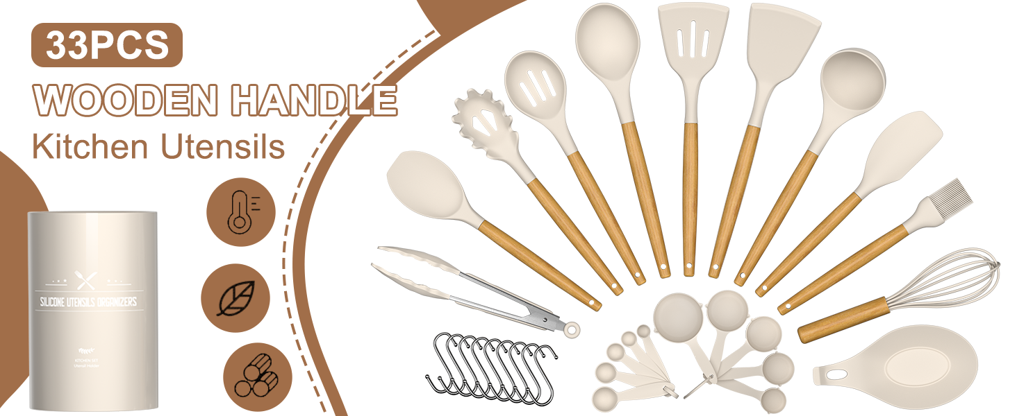 Umite Chef Kitchen Cooking Utensils Set, 33 pcs Non-Stick Silicone Cooking Kitchen Utensils Spatula Set with Holder, Wooden Handle Silicone Kitchen Gadgets Utensil Set (Khaki)