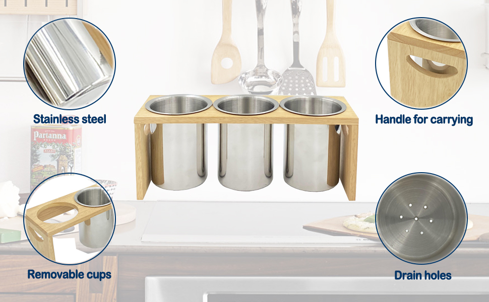 Flatware Caddy Stainless Steel Cutlery Holder with Wood Base, Containers for Kitchen Use