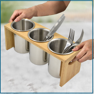 Flatware Caddy Stainless Steel Cutlery Holder with Wood Base, Containers for Kitchen Use