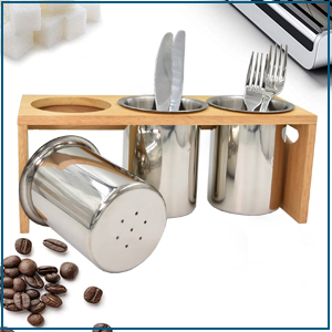 Flatware Caddy Stainless Steel Cutlery Holder with Wood Base, Containers for Kitchen Use