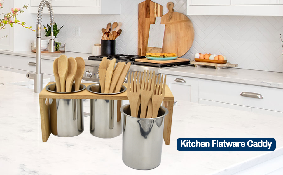 Flatware Caddy Stainless Steel Cutlery Holder with Wood Base, Containers for Kitchen Use