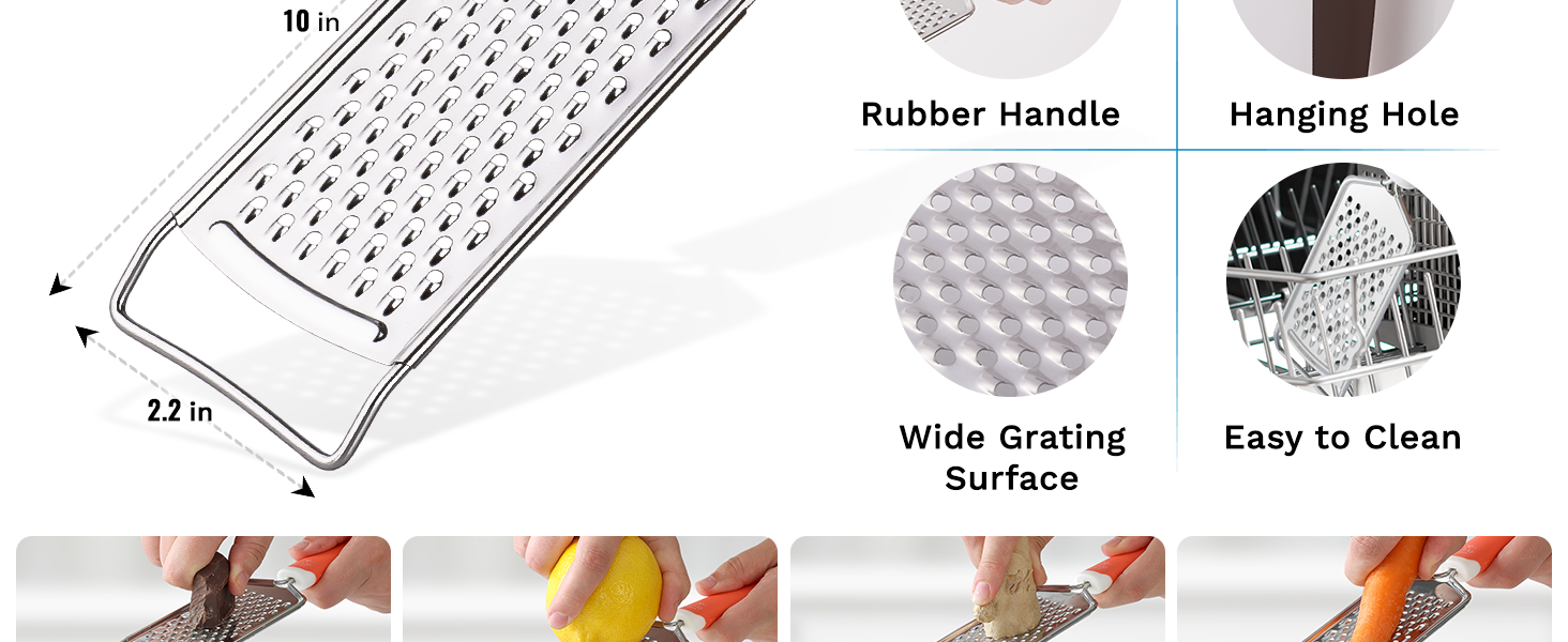 Zulay Kitchen Professional Cheese Grater Stainless Steel - Durable Rust-Proof Metal Lemon Zester Grater With Handle - Flat Handheld Grater For Cheese, Chocolate, Spices, And More - Black