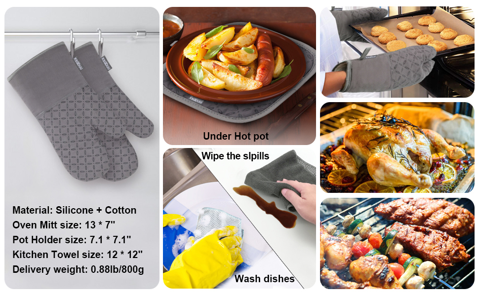 KEGOUU Oven Mitts and Pot Holders 6pcs Set, Kitchen Oven Glove High Heat Resistant 500 Degree Extra Long Oven Mitts and Potholder with Non-Slip Silicone Surface for Cooking (Grey)