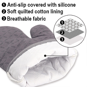 KEGOUU Oven Mitts and Pot Holders 6pcs Set, Kitchen Oven Glove High Heat Resistant 500 Degree Extra Long Oven Mitts and Potholder with Non-Slip Silicone Surface for Cooking (Grey)