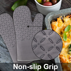 KEGOUU Oven Mitts and Pot Holders 6pcs Set, Kitchen Oven Glove High Heat Resistant 500 Degree Extra Long Oven Mitts and Potholder with Non-Slip Silicone Surface for Cooking (Grey)