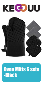 KEGOUU Oven Mitts and Pot Holders 6pcs Set, Kitchen Oven Glove High Heat Resistant 500 Degree Extra Long Oven Mitts and Potholder with Non-Slip Silicone Surface for Cooking (Grey)
