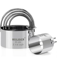 HULISEN Round Cake Ring Mold, Stainless Steel 3” Cooking Crumpet Rings with 1 Pusher & 4 Food Form, Tuna Tartare Mold for Pancake, Salad, Mousse