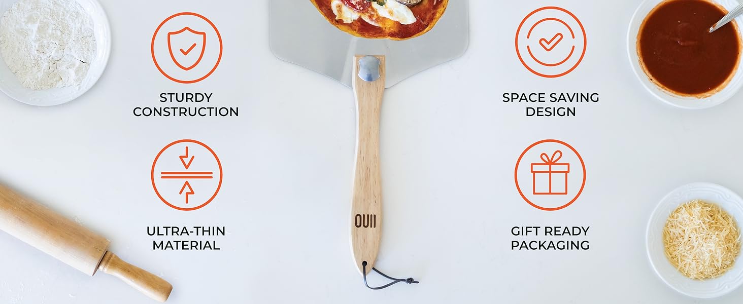 Pizza Peel with Cutter - 12 x 14-inch Metal Turning Peel, 14'' Pizza Cutter with Blade Cover - Premium Pizza Spatula Paddle, Pizza Oven Accessories Compatible with Ooni, Blackstone, Gozney