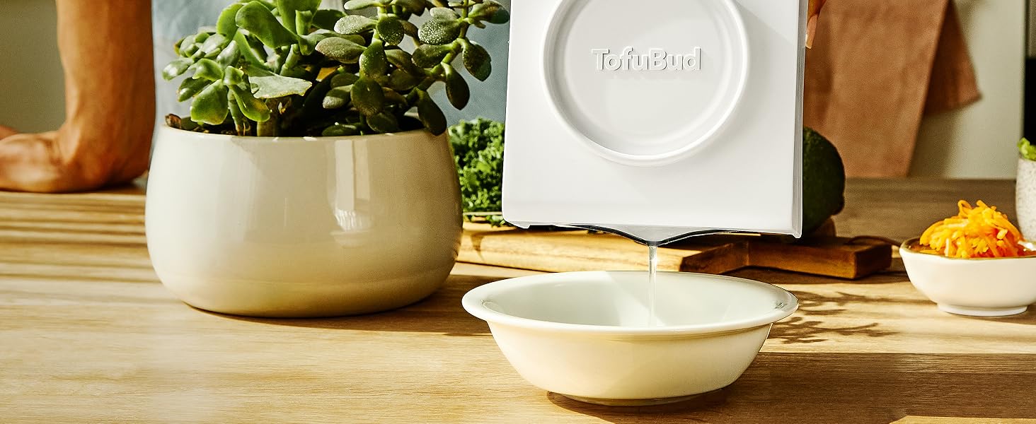 TofuBud Tofu Press - Presser for Firm or Extra Firm Tofu - Dishwasher Safe with Water Drainer - Made from Durable Sustainable Materials - Perfect for Vegan Cooking - Healthy Recipes Cookbook Included