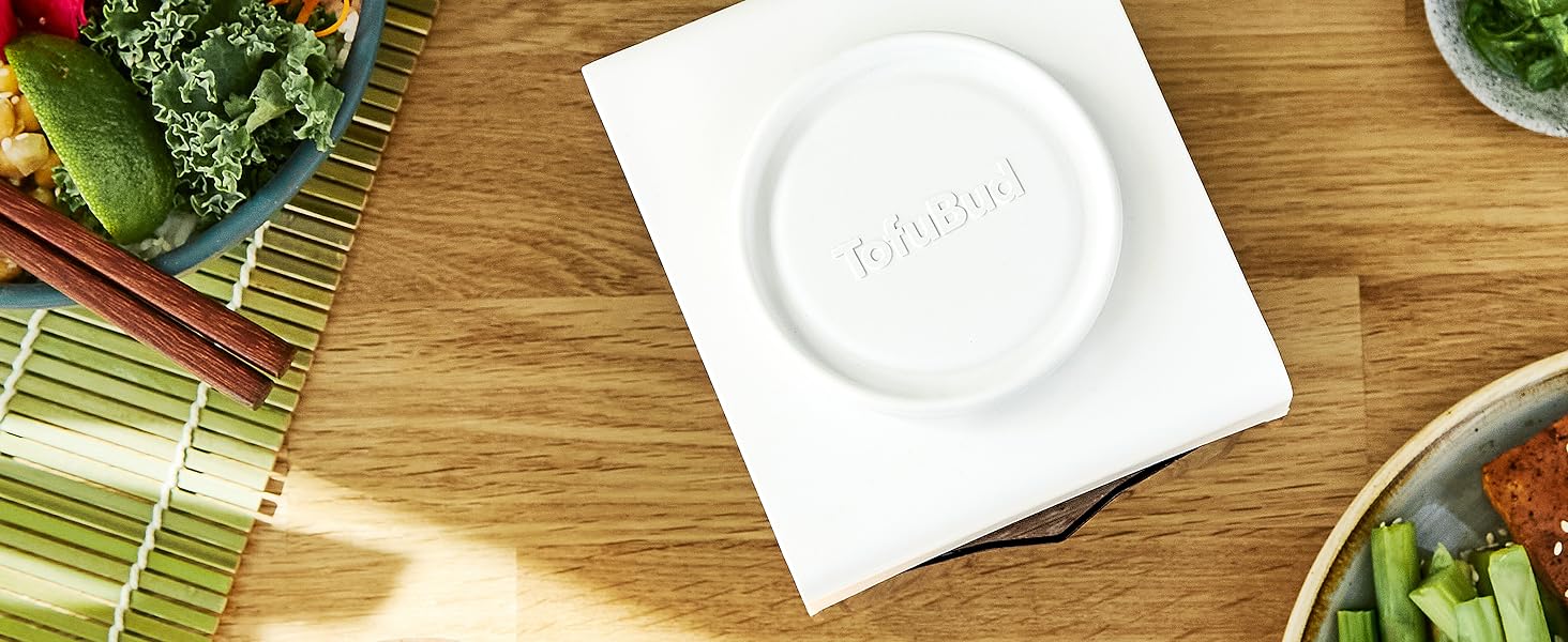 TofuBud Tofu Press - Presser for Firm or Extra Firm Tofu - Dishwasher Safe with Water Drainer - Made from Durable Sustainable Materials - Perfect for Vegan Cooking - Healthy Recipes Cookbook Included