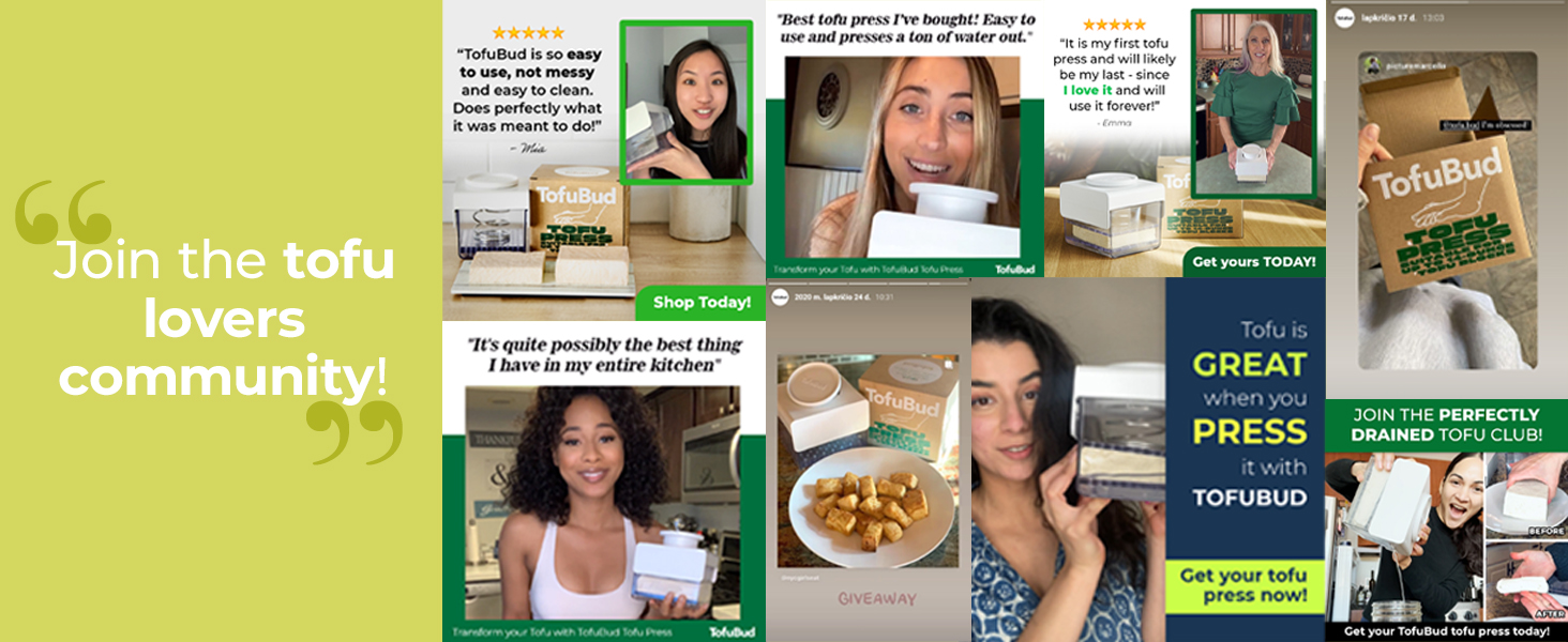 TofuBud Tofu Press - Presser for Firm or Extra Firm Tofu - Dishwasher Safe with Water Drainer - Made from Durable Sustainable Materials - Perfect for Vegan Cooking - Healthy Recipes Cookbook Included