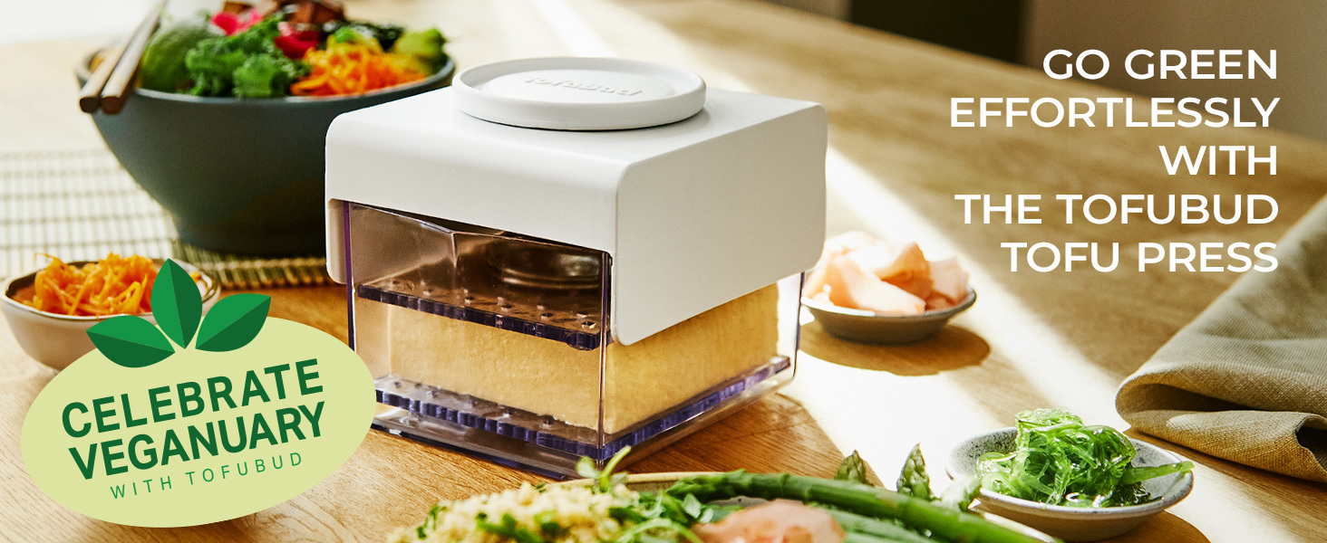 TofuBud Tofu Press - Presser for Firm or Extra Firm Tofu - Dishwasher Safe with Water Drainer - Made from Durable Sustainable Materials - Perfect for Vegan Cooking - Healthy Recipes Cookbook Included