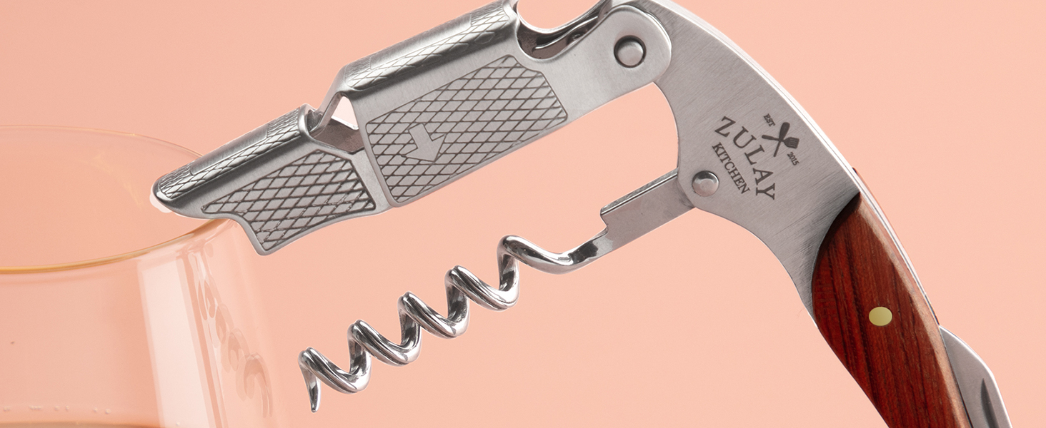 Zulay Kitchen Corkscrew Wine Opener - Premium 420 Stainless Steel & Rosewood Wine Bottle Opener - Double Hinged Opener with Foil Cutter & Cap Remover - Rosewood