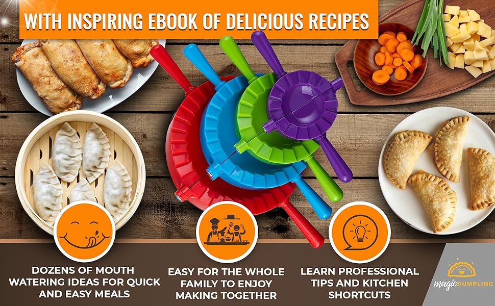 Magic Dumpling Maker Kit, Set of 4 - Mold Ravioli, Empanadas, Momos, Gyozas, Pot Stickers, Jamaican Beef Patties, Pierogi and Calzones - Wonton Dough Press and Pasta Making Tools