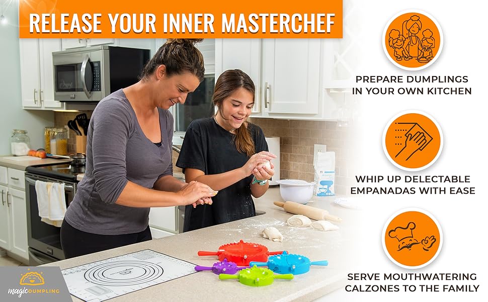 Magic Dumpling Maker Kit, Set of 4 - Mold Ravioli, Empanadas, Momos, Gyozas, Pot Stickers, Jamaican Beef Patties, Pierogi and Calzones - Wonton Dough Press and Pasta Making Tools