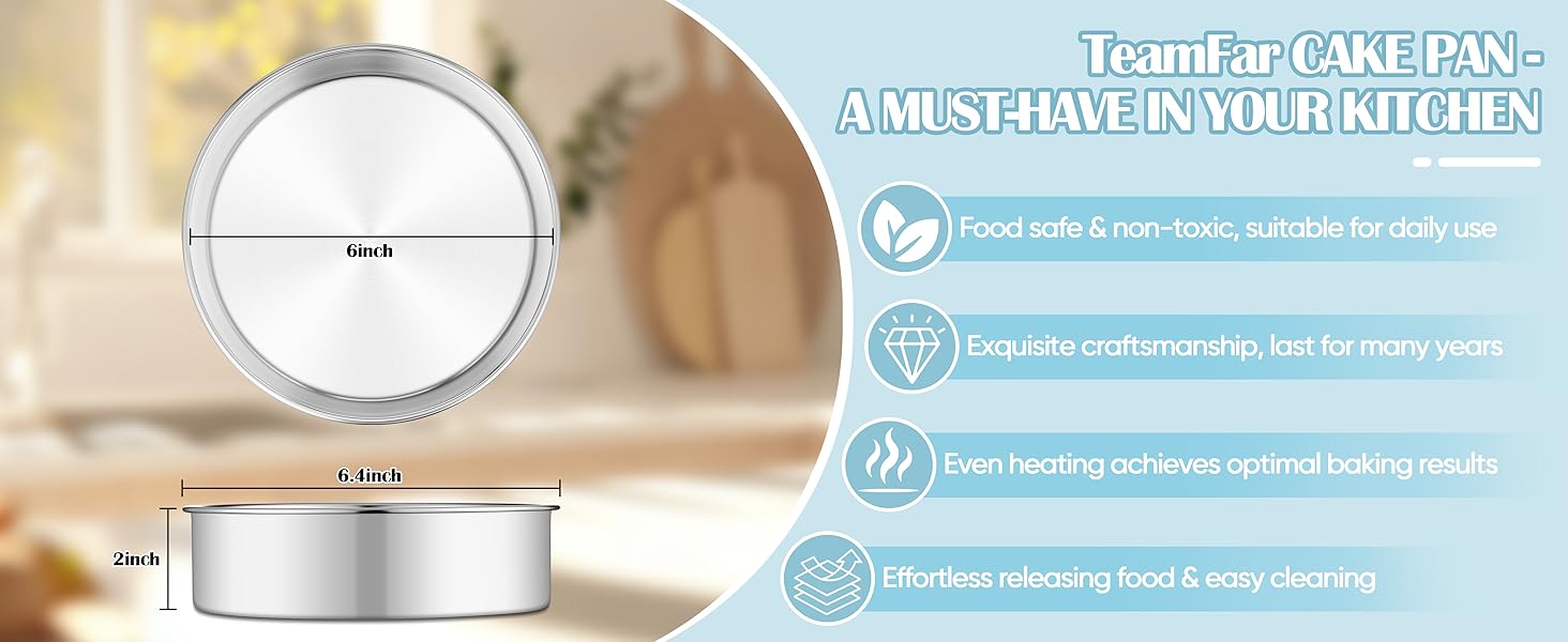 TeamFar 6 Inch Cake Pan, Round Smash Cake Pan Tier Baking Pans Set Stainless Steel, Fit in Pot Pressure Cooker Air Fryer, Healthy & Non-Toxic, Mirror Finish & Sturdy, Oven & Dishwasher Safe - Set of 3