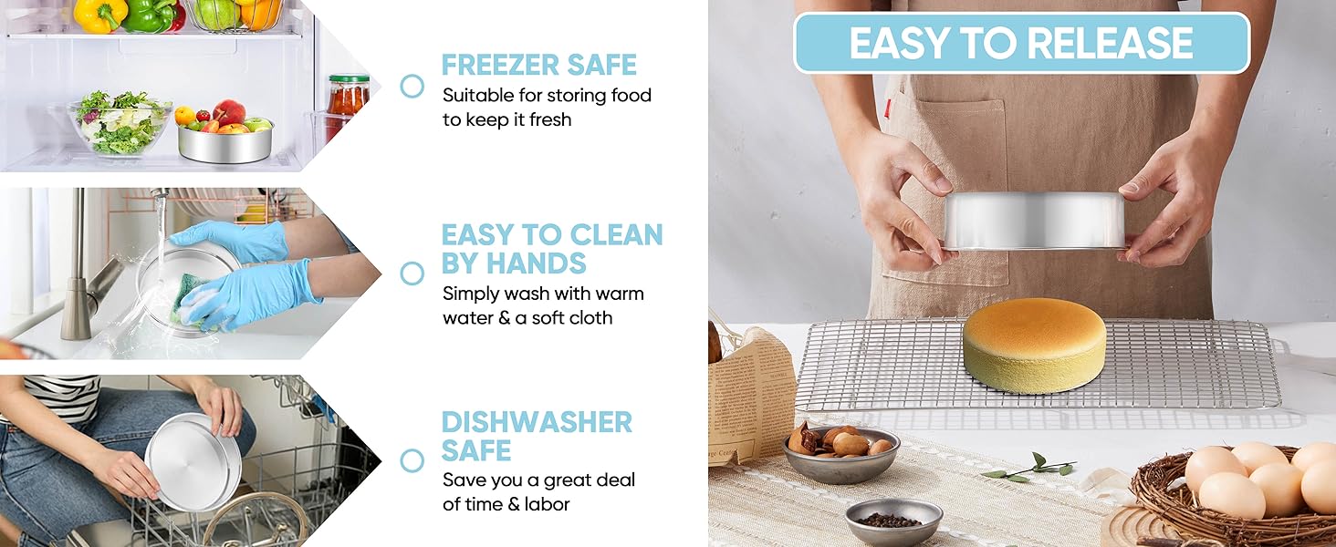 TeamFar 6 Inch Cake Pan, Round Smash Cake Pan Tier Baking Pans Set Stainless Steel, Fit in Pot Pressure Cooker Air Fryer, Healthy & Non-Toxic, Mirror Finish & Sturdy, Oven & Dishwasher Safe - Set of 3