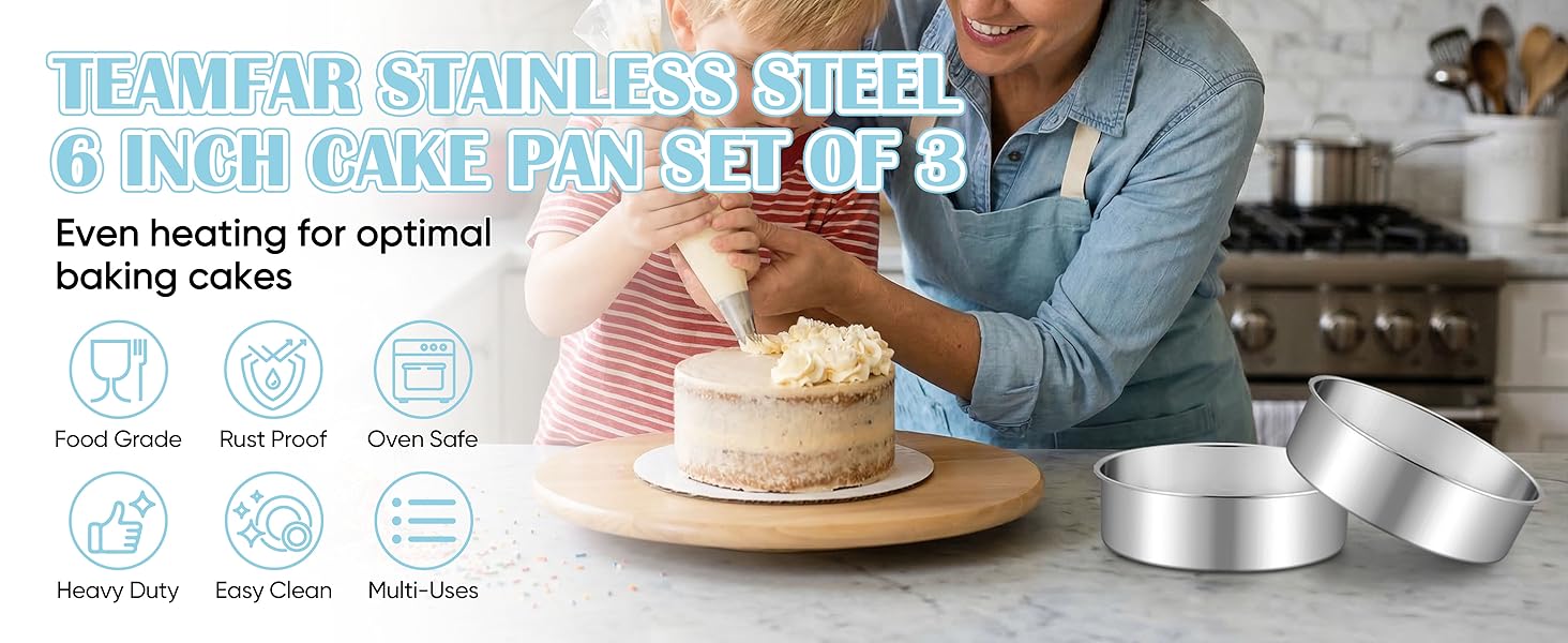 TeamFar 6 Inch Cake Pan, Round Smash Cake Pan Tier Baking Pans Set Stainless Steel, Fit in Pot Pressure Cooker Air Fryer, Healthy & Non-Toxic, Mirror Finish & Sturdy, Oven & Dishwasher Safe - Set of 3