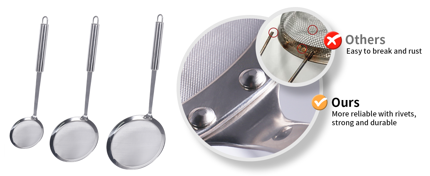 Newness Fine Mesh Skimmer Spoon, Professional 304 Stainless Steel Hot Pot Fat Strainer for Oil Filter Skimming Grease and Foam, Durable Multi-Functional Kitchen Cooking Mesh Food Strainer Ladle-3 Pack