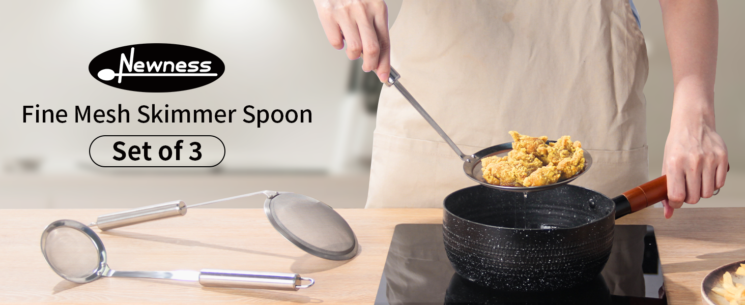 Newness Fine Mesh Skimmer Spoon, Professional 304 Stainless Steel Hot Pot Fat Strainer for Oil Filter Skimming Grease and Foam, Durable Multi-Functional Kitchen Cooking Mesh Food Strainer Ladle-3 Pack
