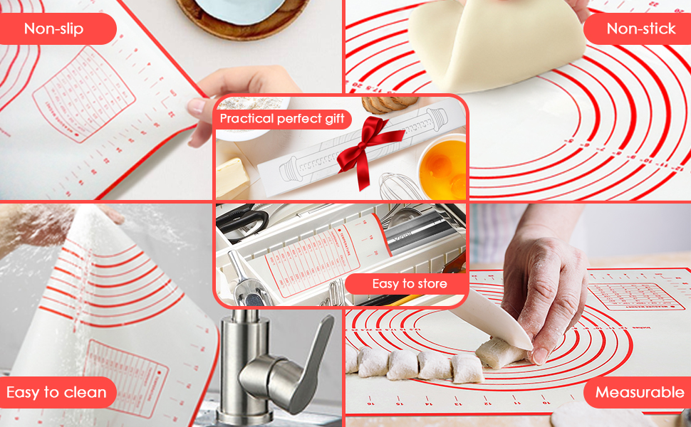 Stainless Steel Rolling Pin and Silicone Mat Set, Adjustable Thickness Rings - For Baking Dough, Pizza, Pies, Pastries, Pasta, Cookies