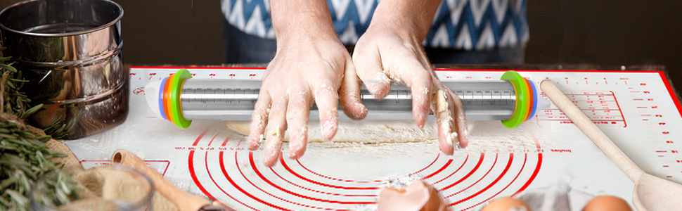 Stainless Steel Rolling Pin and Silicone Mat Set, Adjustable Thickness Rings - For Baking Dough, Pizza, Pies, Pastries, Pasta, Cookies