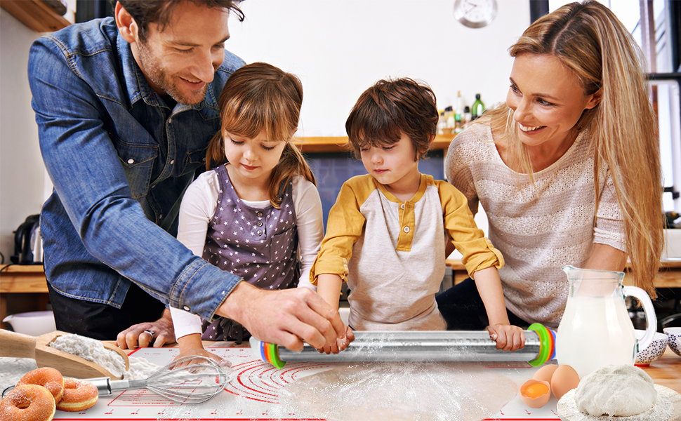 Stainless Steel Rolling Pin and Silicone Mat Set, Adjustable Thickness Rings - For Baking Dough, Pizza, Pies, Pastries, Pasta, Cookies