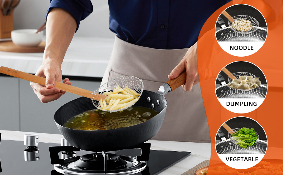 Stainless Steel Spider Strainer Asian Kitchen Wire Food Cooking Skimmer With Natural Bamboo Handle, 7-Inch, Hand-Made