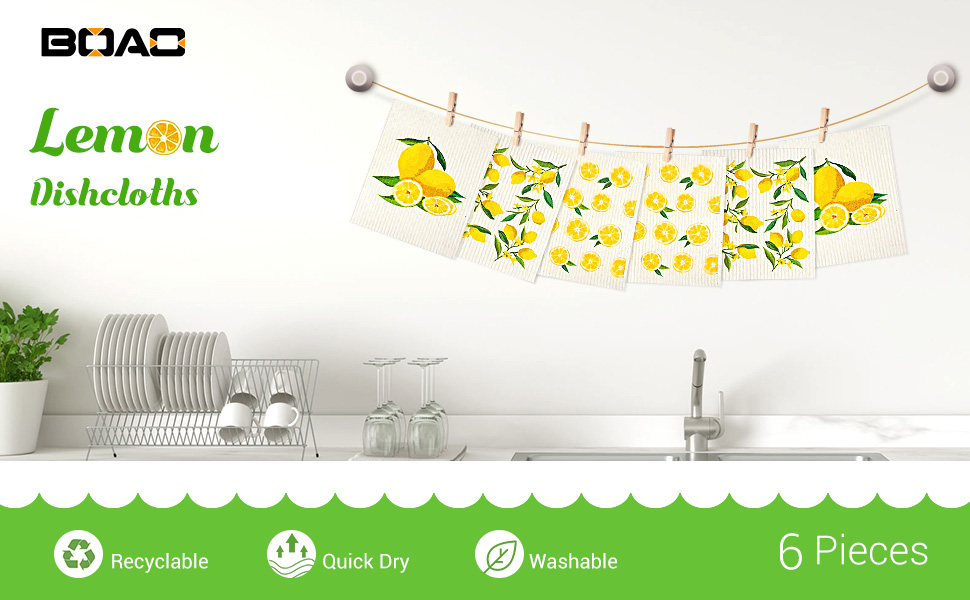 Boao Set of 6 Lemon Kitchen Dishcloths Cleaning Cloths Absorbent Cloth No Odor Reusable Dish Towel for Kitchen, Hand, Counter Wipes Practical Gifts