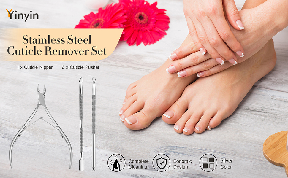YINYIN Cuticle Trimmer with Cuticle Pusher and Cutter, Professional Stainless Steel Nippers, Cutter Clippers, Cuticle Remover, Pedicure Manicure Tools for Fingernails and Toenails, Sliver