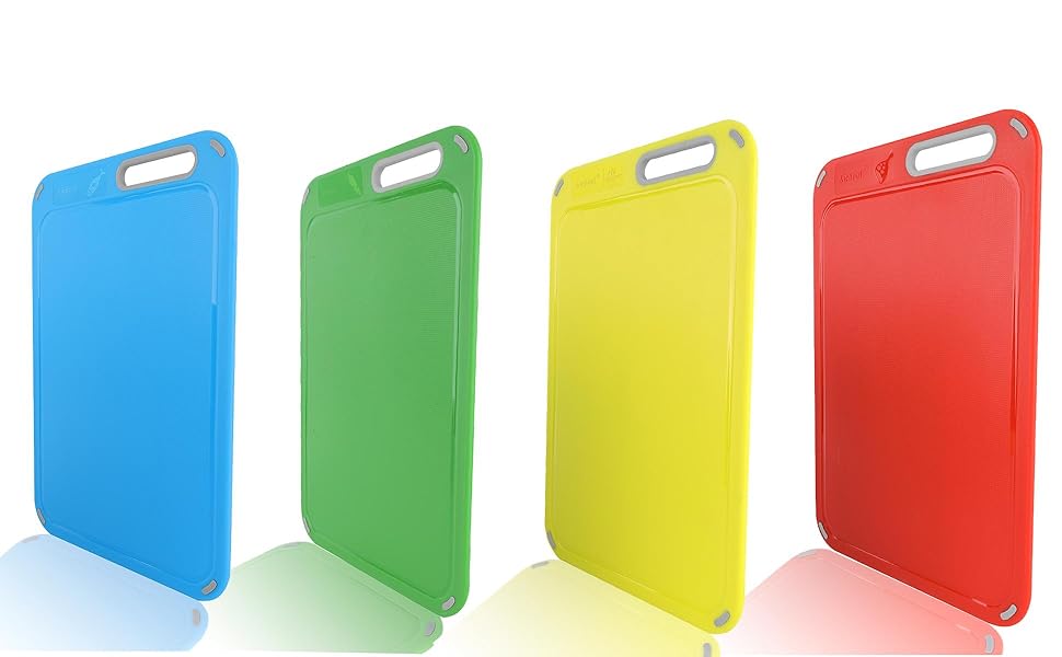 Plastic Cutting Board, Set of 4 with Storage Stand, Color Box Packed, BPA-Free, Preventing Cross-contamination of Different Food Types, Dishwasher Safe