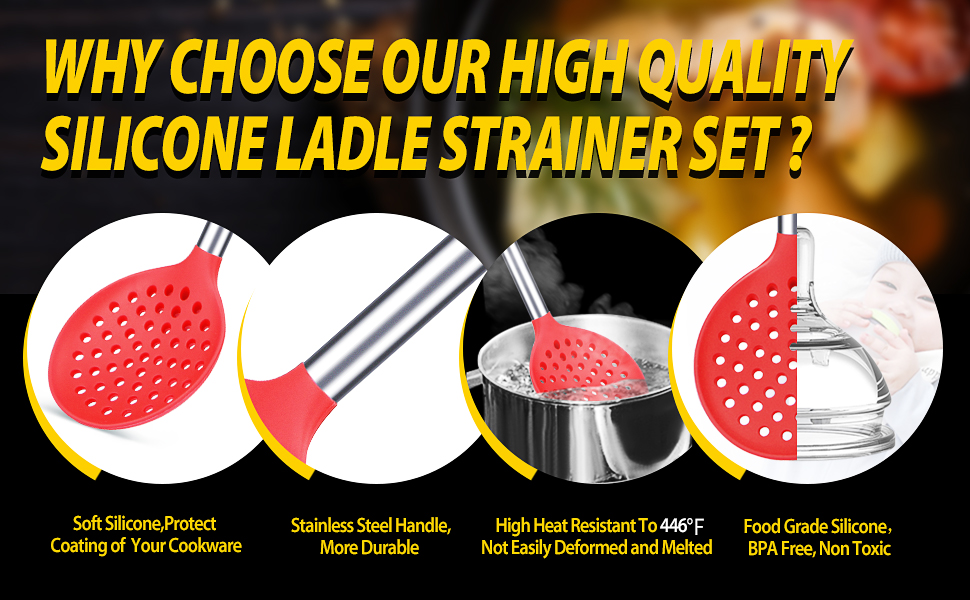 Kitchen Ladle Strainer Set of 2 Large Slotted Spoon with High Heat Resistant BPA Free Non Stick Cooking Skimmers For Draining and Frying (Black and Red)