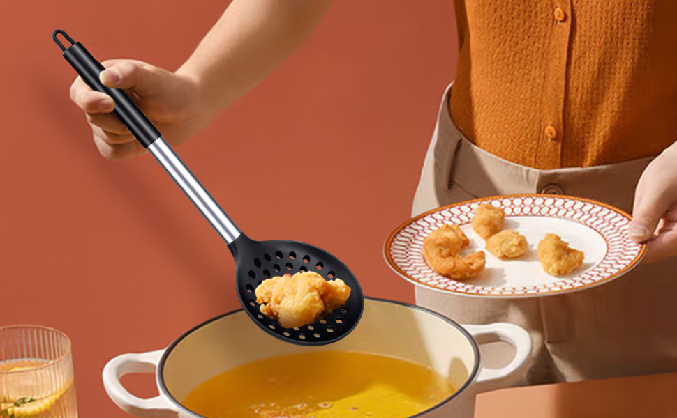 Kitchen Ladle Strainer Set of 2 Large Slotted Spoon with High Heat Resistant BPA Free Non Stick Cooking Skimmers For Draining and Frying (Black and Red)