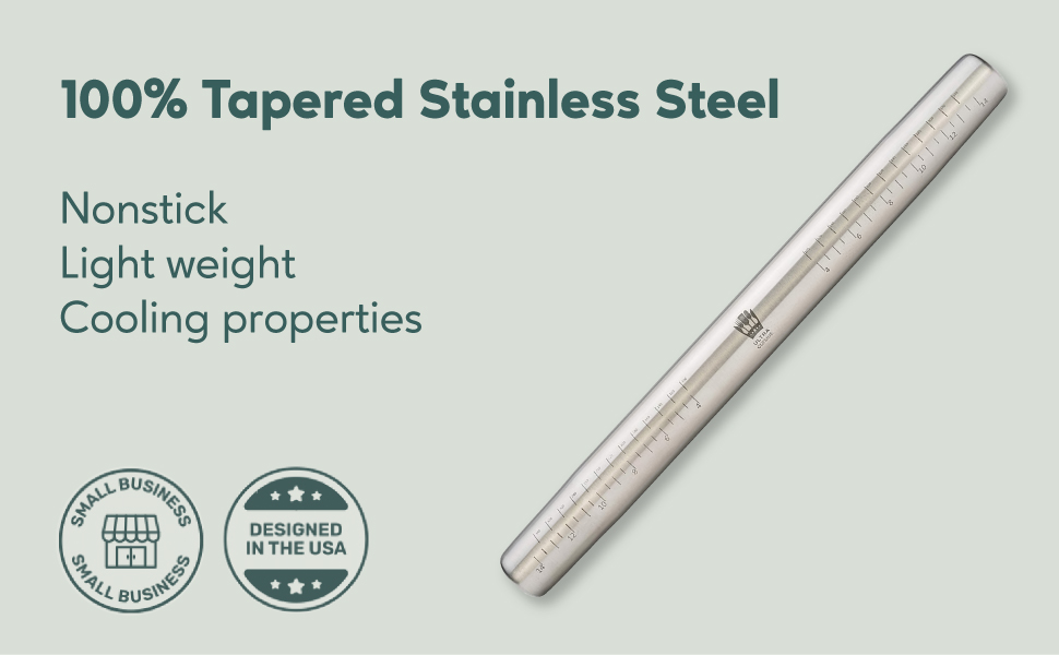 Ultra Cuisine French Rolling Pin for Baking – Tapered Stainless Steel Design with Measurements, Professional or Home Use with Pizza, Cookie, & Pastry Dough, or Fondant and Pie Crust – Dishwasher-Safe