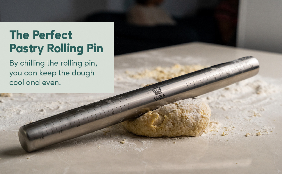 Ultra Cuisine French Rolling Pin for Baking – Tapered Stainless Steel Design with Measurements, Professional or Home Use with Pizza, Cookie, & Pastry Dough, or Fondant and Pie Crust – Dishwasher-Safe