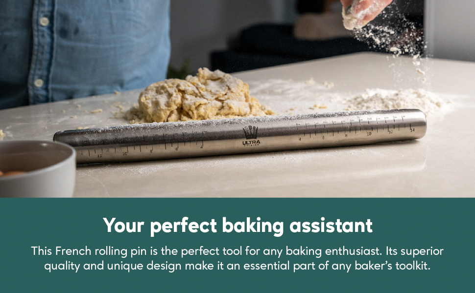 Ultra Cuisine French Rolling Pin for Baking – Tapered Stainless Steel Design with Measurements, Professional or Home Use with Pizza, Cookie, & Pastry Dough, or Fondant and Pie Crust – Dishwasher-Safe