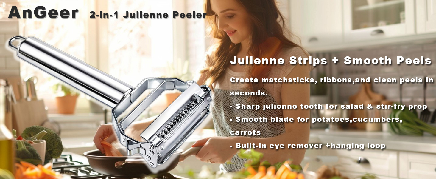 Julienne Peeler, Stainless Steel Vegetable Peeler, Double-Sided Blade Vegetable Julienne Cutter and Fruit Slicer, Dual Blade Multifunction Potato Peeler