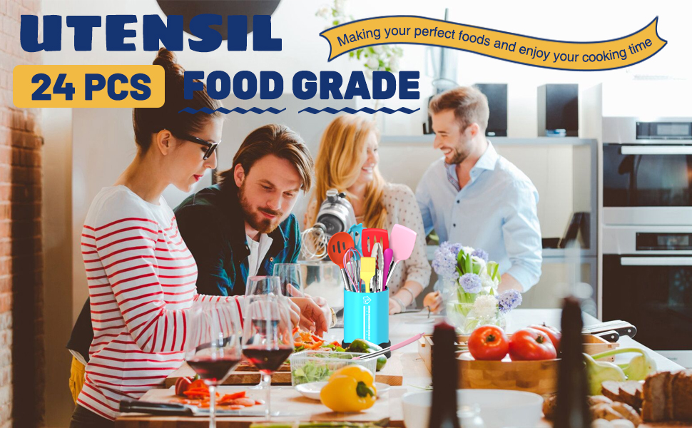 Silicone Cooking Utensil Set, Fungun Non-stick Kitchen Utensil 24 Pcs Cooking Utensils Set, Heat Resistant Cookware, Silicone Kitchen Tools Gift with Stainless Steel Handle (Colorful-24pcs)