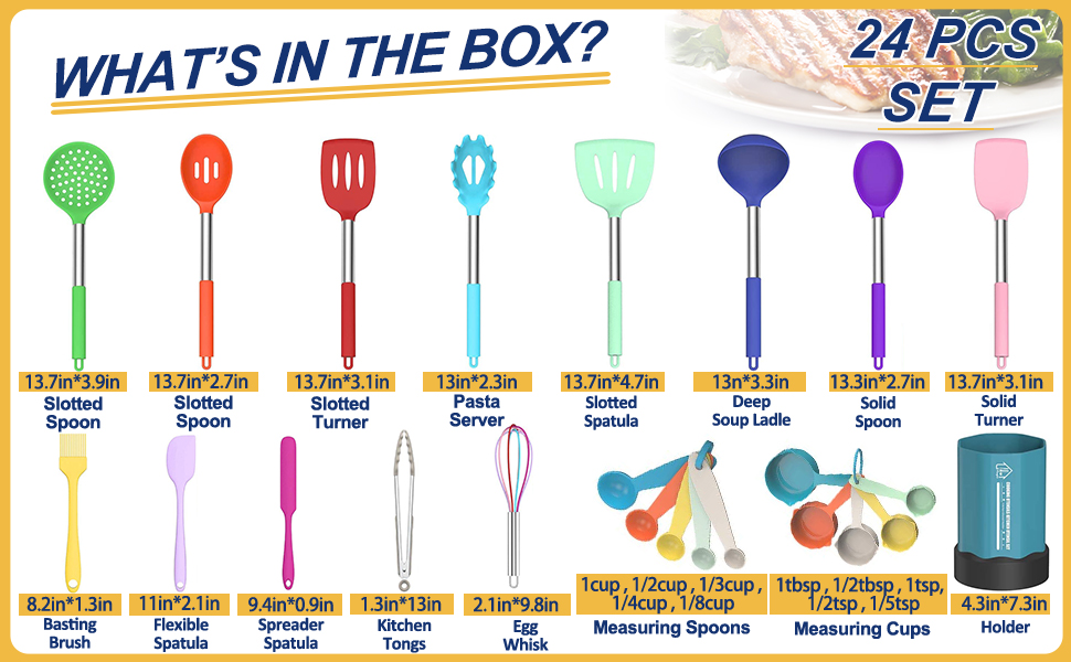 Silicone Cooking Utensil Set, Fungun Non-stick Kitchen Utensil 24 Pcs Cooking Utensils Set, Heat Resistant Cookware, Silicone Kitchen Tools Gift with Stainless Steel Handle (Colorful-24pcs)