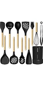 AOTHOD Silicone Cooking Utensils Set - 446°F Heat Resistant Kitchen Utensils,Turner Tongs,Spatula,Spoon,Brush,Whisk,Kitchen Utensil Gadgets Tools Set for Nonstick Cookware,Dishwasher Safe (BPA Free)