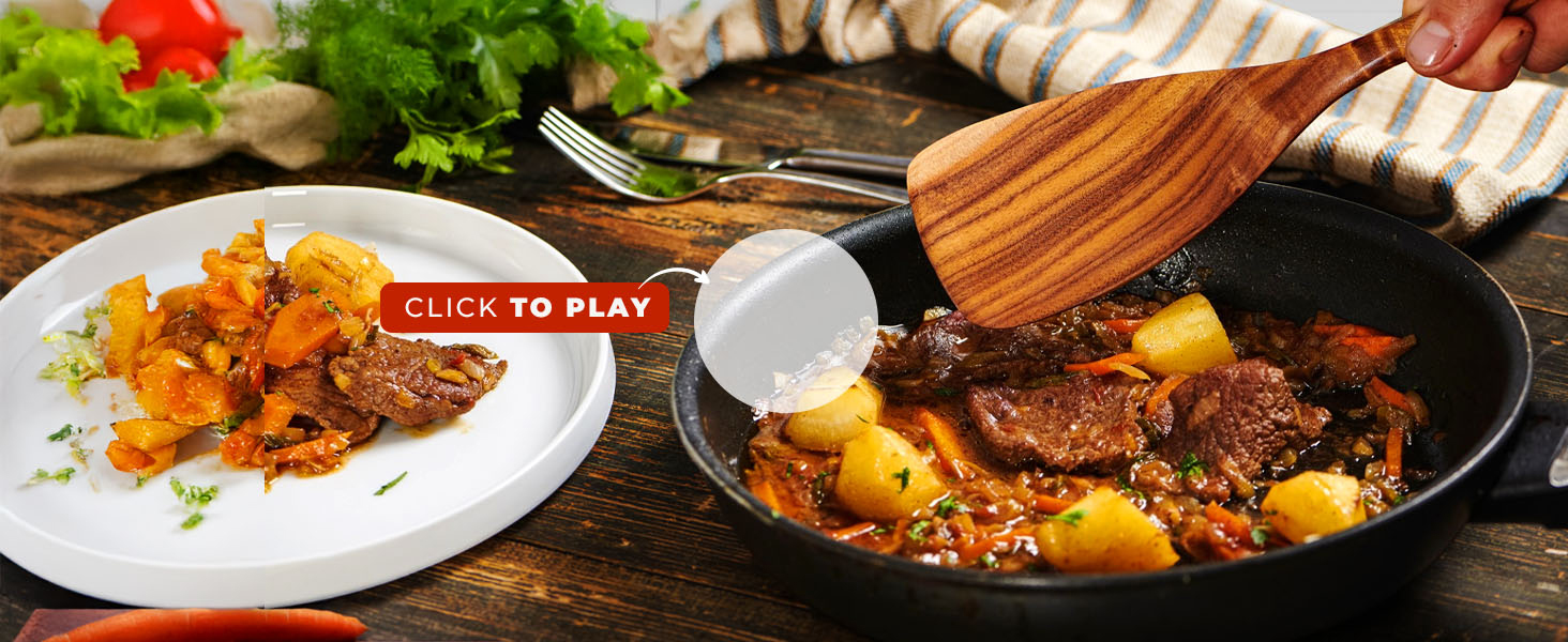 Wooden Spatula for Cooking - Natural Teak Wood Spatula for Non Stick Frying Pan - Wooden Cooking Utensils Set of 4 Including Paddle, Turner, Slotted Spurtle and Wood Scraper - Long Ergonomic Handles