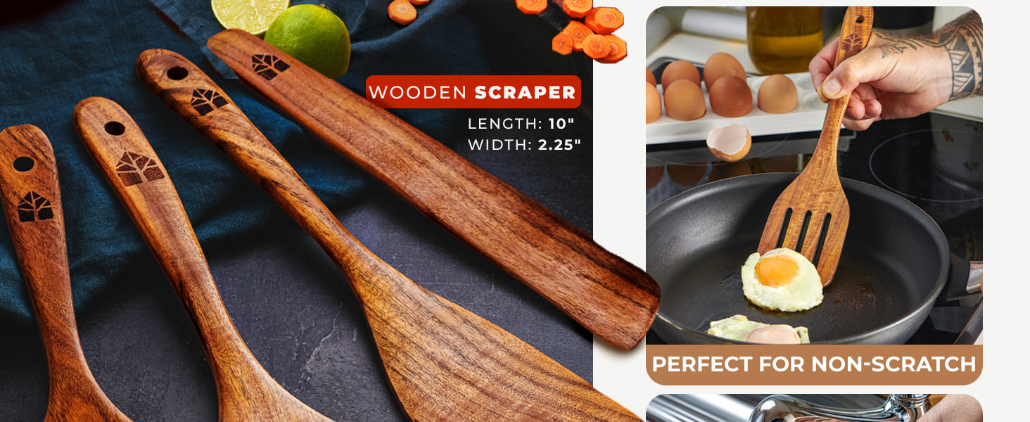 Wooden Spatula for Cooking - Natural Teak Wood Spatula for Non Stick Frying Pan - Wooden Cooking Utensils Set of 4 Including Paddle, Turner, Slotted Spurtle and Wood Scraper - Long Ergonomic Handles