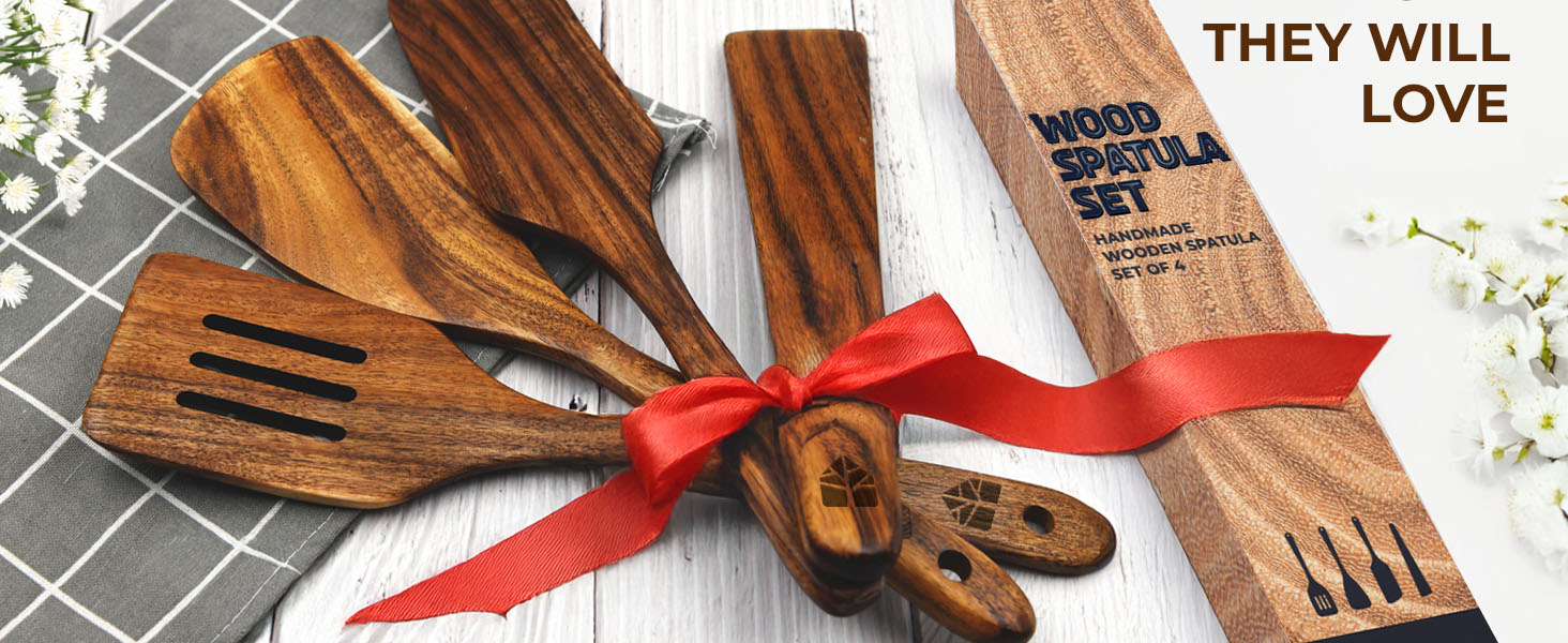 Wooden Spatula for Cooking - Natural Teak Wood Spatula for Non Stick Frying Pan - Wooden Cooking Utensils Set of 4 Including Paddle, Turner, Slotted Spurtle and Wood Scraper - Long Ergonomic Handles