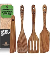 Wooden Spatula for Cooking - Natural Teak Wood Spatula for Non Stick Frying Pan - Wooden Cooking Utensils Set of 4 Including Paddle, Turner, Slotted Spurtle and Wood Scraper - Long Ergonomic Handles