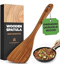 Wooden Spatula for Cooking - Natural Teak Wood Spatula for Non Stick Frying Pan - Wooden Cooking Utensils Set of 4 Including Paddle, Turner, Slotted Spurtle and Wood Scraper - Long Ergonomic Handles