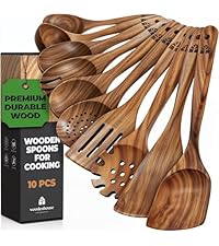 Wooden Spatula for Cooking - Natural Teak Wood Spatula for Non Stick Frying Pan - Wooden Cooking Utensils Set of 4 Including Paddle, Turner, Slotted Spurtle and Wood Scraper - Long Ergonomic Handles